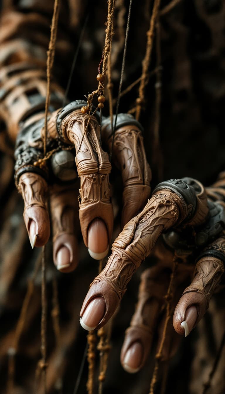 AI generated: 17. A powerful, close-up view of a woman’s hands transforming into a pair of intricately carved, woo...