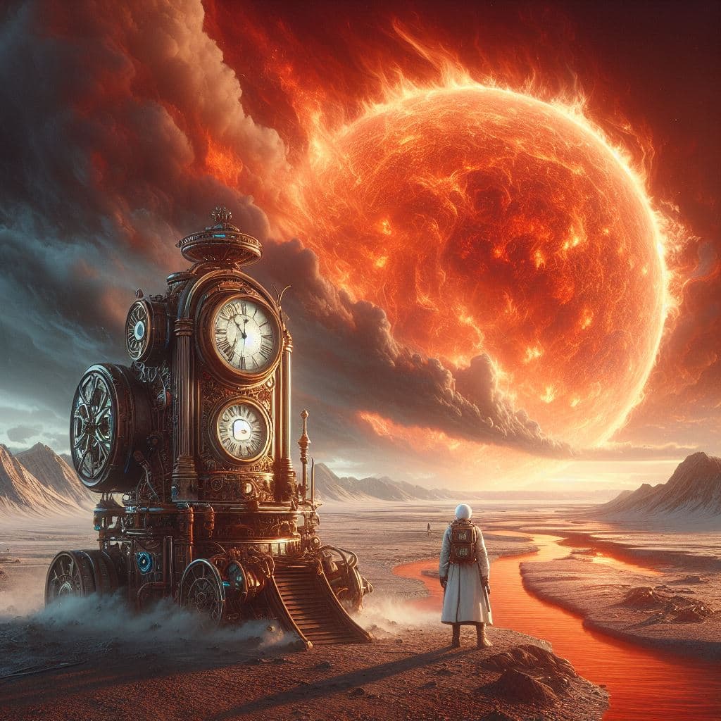 AI generated: A steampunk time machine including a time traveller standing on a barren Earth is the foreground. Ul...