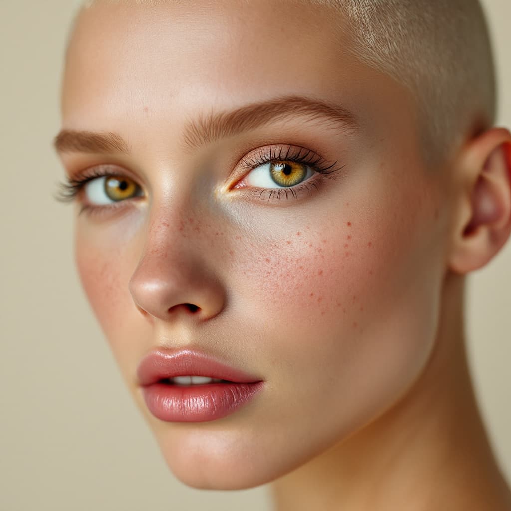 AI generated: portrait of a young bald or buzzcut Caucasian woman with platinum blonde hair, light skin with natur...