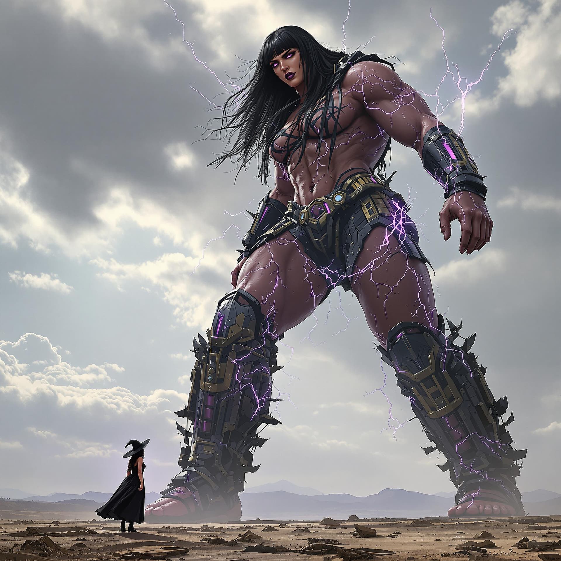 AI generated: enormous giantess female Rhea Ripley from WWE with black medium length hair and straight bangs, bigg...