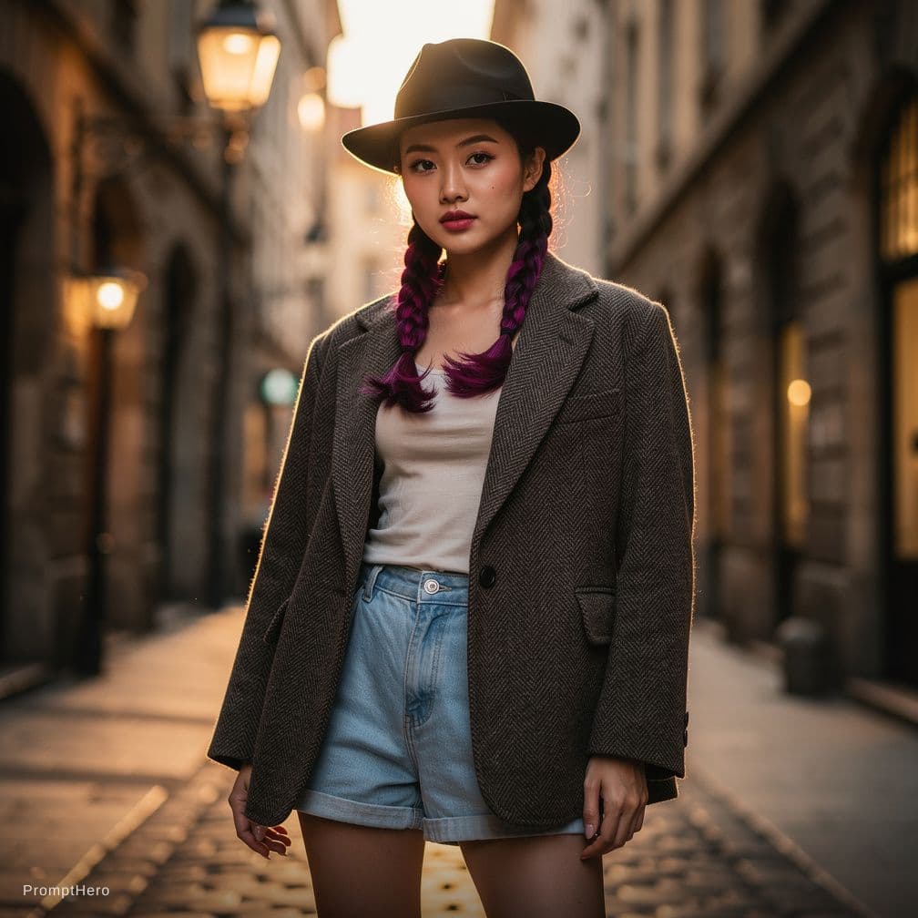 AI generated: Young Asian slim woman with two braids — one purple, one dark pink — wearing a black men's vintage h...