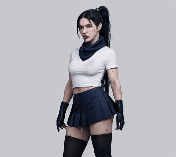 AI generated: a psychopathic killer woman that have a muscular body, have black eyes with long black ponytail hair...