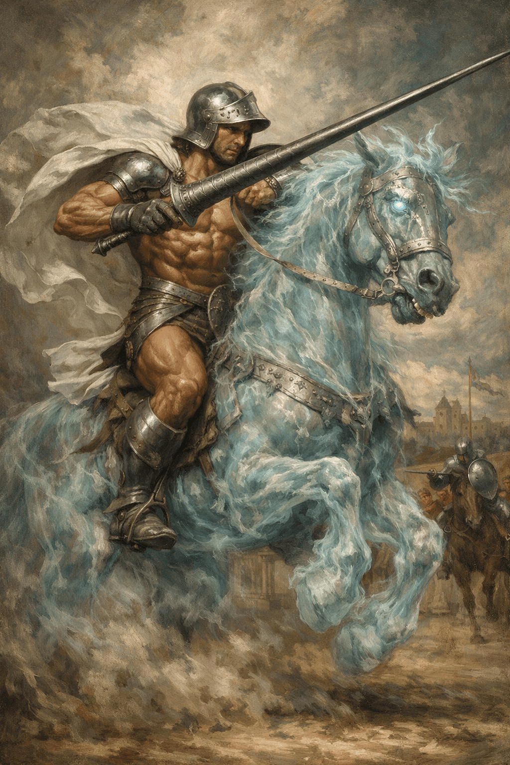 AI generated: fantasy knight jousting on a spectral horse