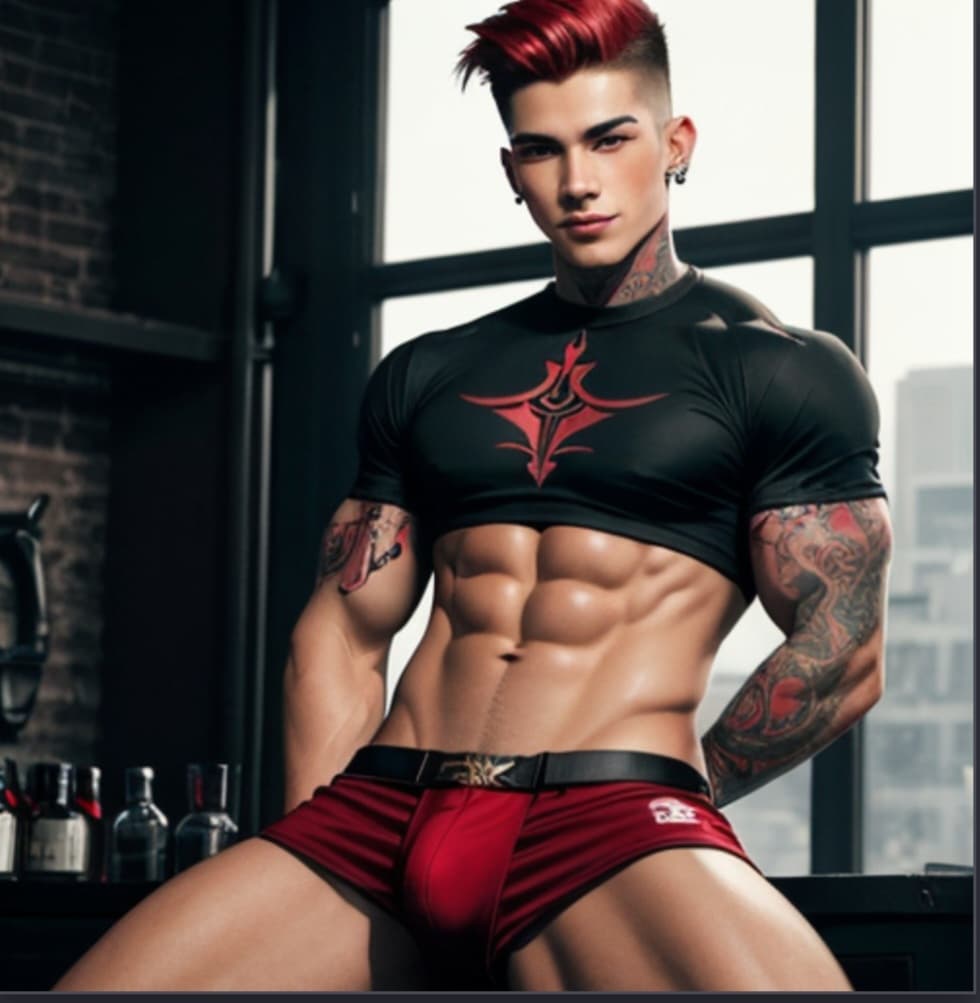 AI generated: A teen with a perfect jawline with tight red underwear and shirt big bulge red hair