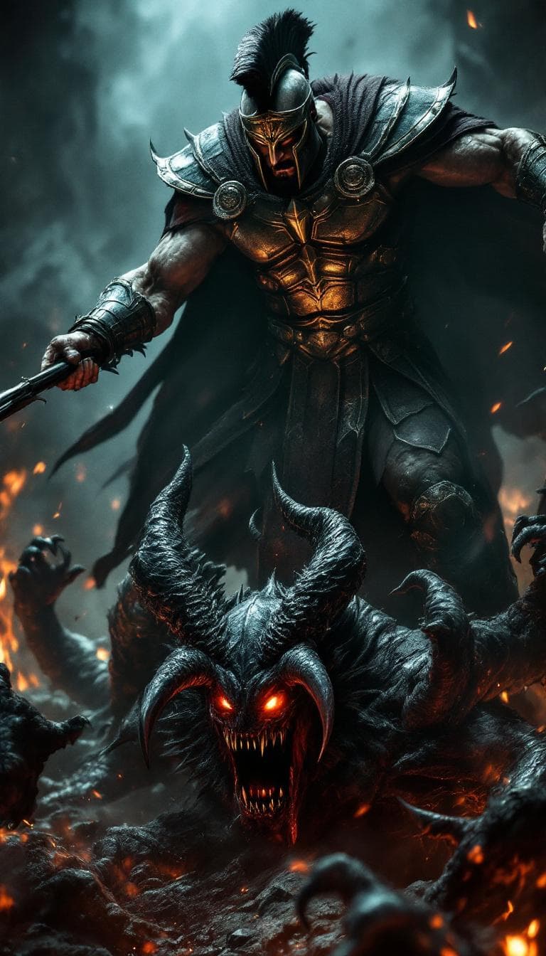 AI generated: epic battle scene, Spartan warrior waist-up, positioned above, thrusting spear downward at a demonic...