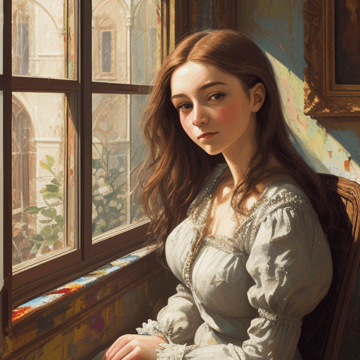 AI generated: a painting of a woman sitting near a window, in the style of beautiful women, playfully intricate, h...