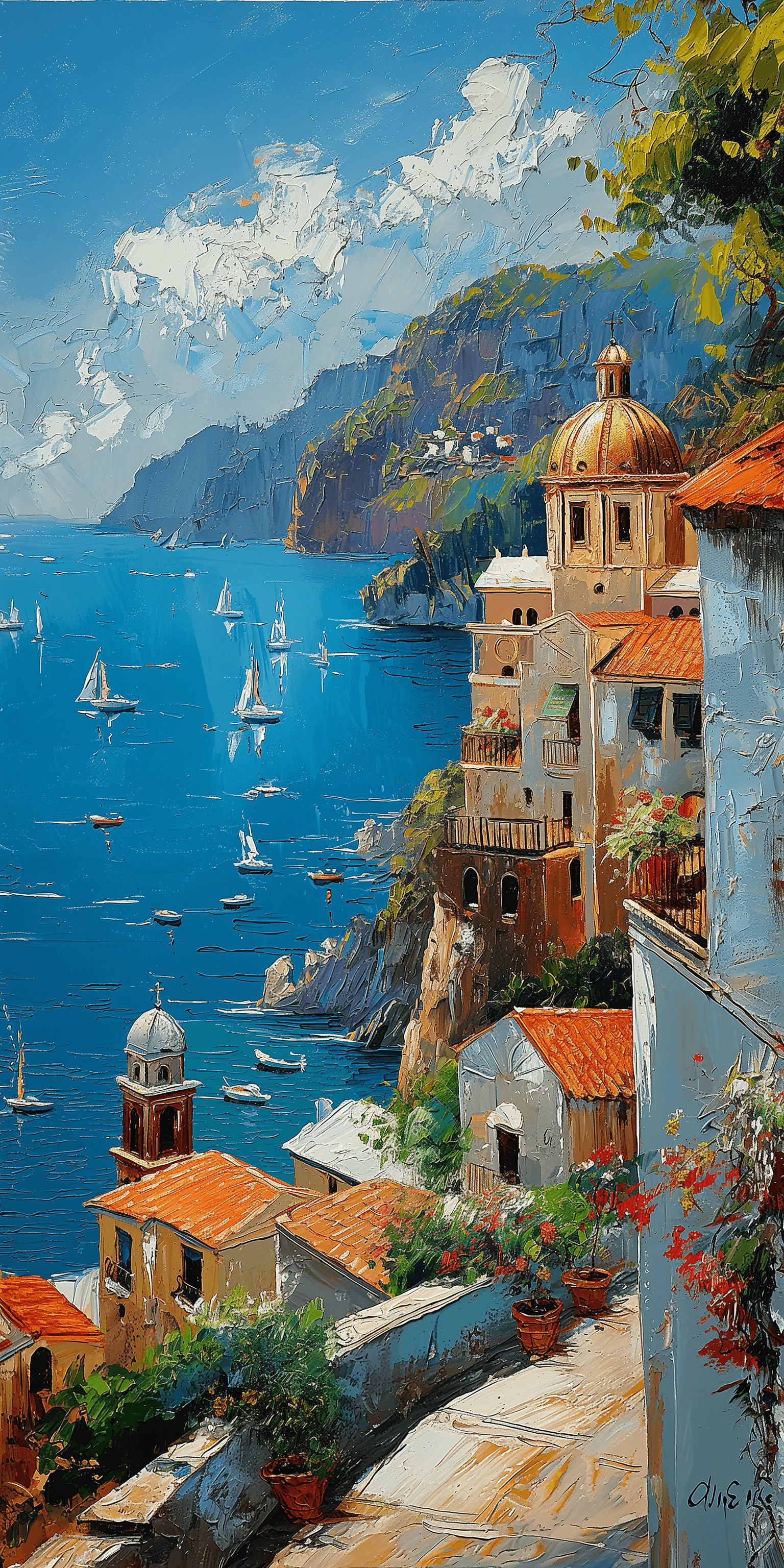 AI generated: amalfi coast, oil painting, impressionist style, sunny day, colorful buildings and domes overlooking...