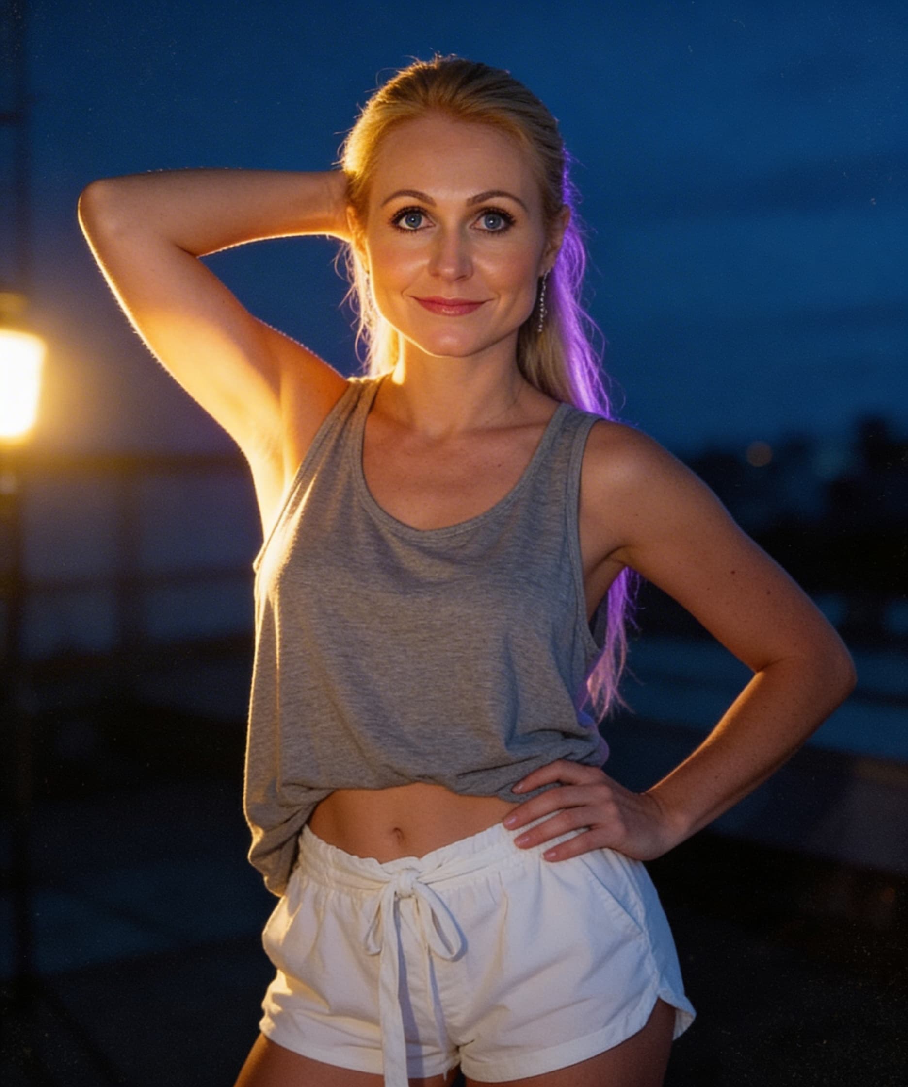 AI generated: A woman stands indoors at night, her long blonde hair pulled back, a loose gray tank top exposing he...