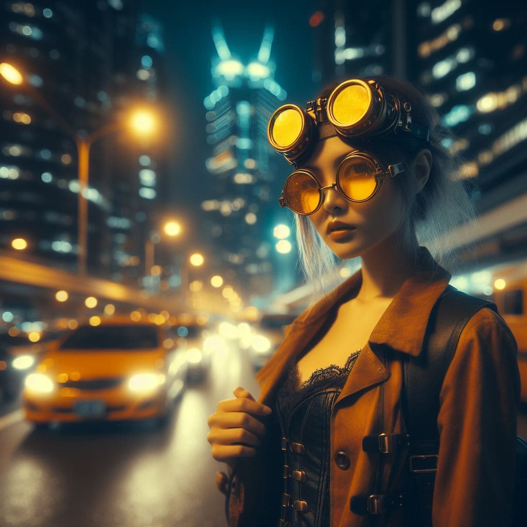 AI generated: woman in steampunk street fashion, city lights, night, goggles, yoko yamashita, in the style of futu...