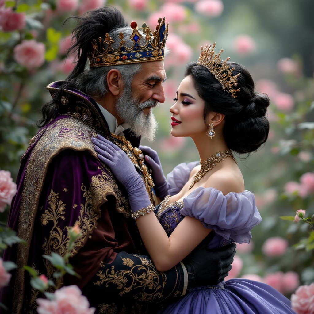 AI generated: a beautiful disgusted wicked asian Cinderella hesitantly embracing an old pompous struggling clumsy ...