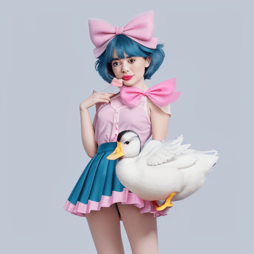 AI generated: webby vanderquack, hair bow, skirt, beak, bird, duck, geared for adventure, 2017 cartoon, pink and b...