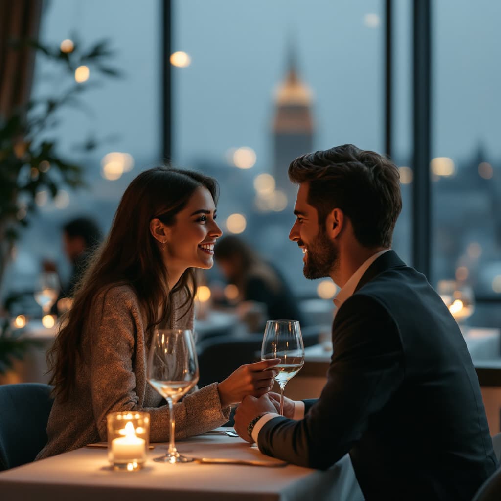 AI generated: generates a photo of a couple in a luxury restaurant, the man proposing  marry to a woman, he with h...