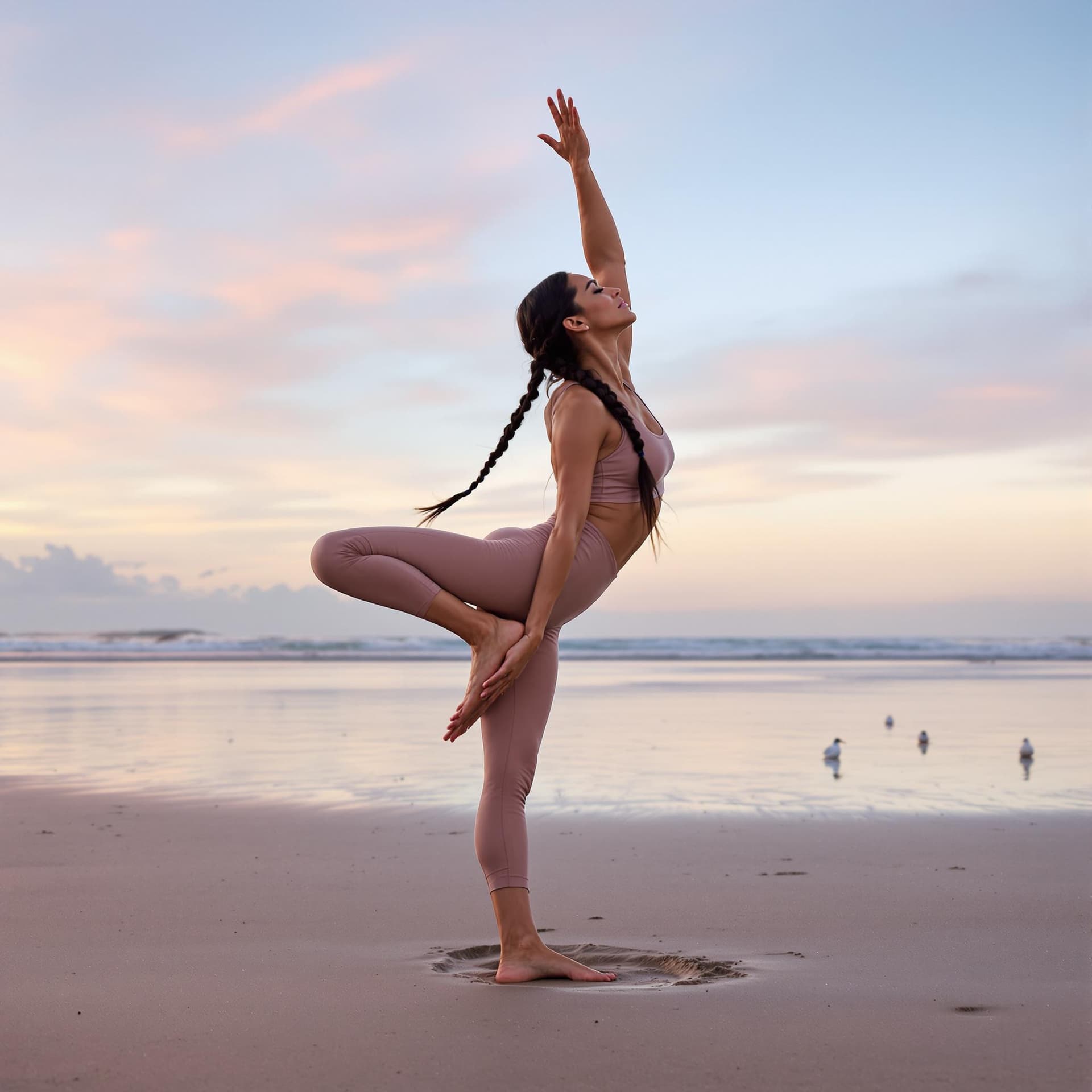AI generated: A tranquil Indian yoga instructor in her early 40s demonstrates a challenging pose on a beach at sun...
