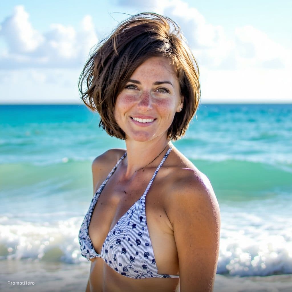 AI generated: Beautiful woman in a thong bikini on a beach looking very sexy. Brown short hair and tan