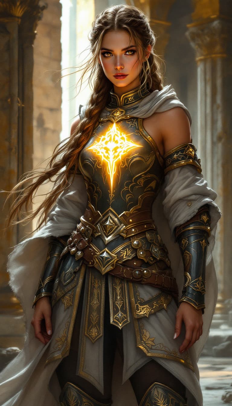 AI generated: Dynamic angle, full body view, realistic, female paladin warrior, long, braided hair, ornate full pl...