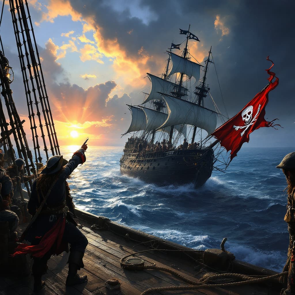 AI generated: create a picture With a scene having Pirates on a ship preparing for battle as they are being attack...