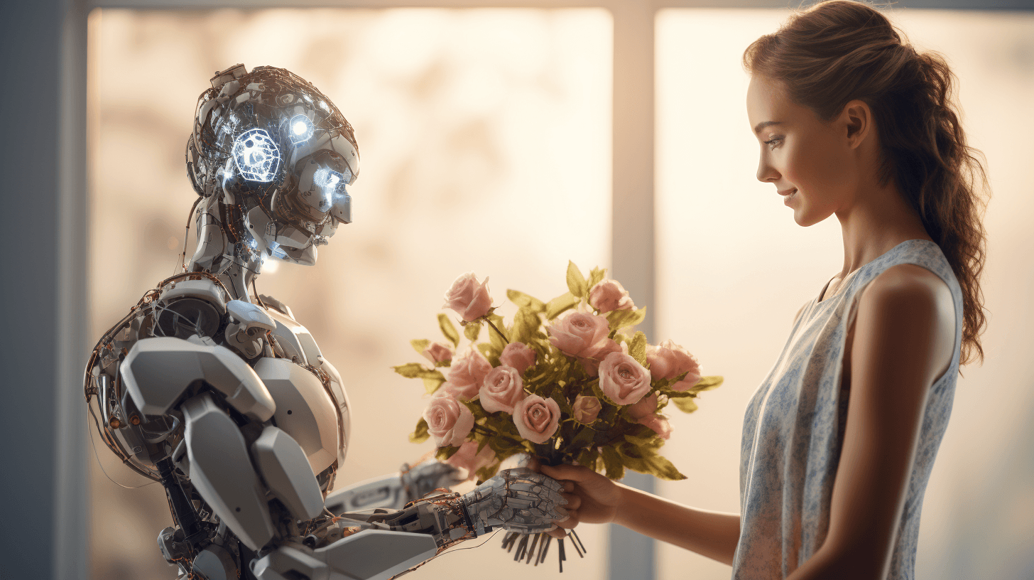 AI generated: Artificial intelligence, smart robots giving flowers to a woman, award winning photo, quality photo,...