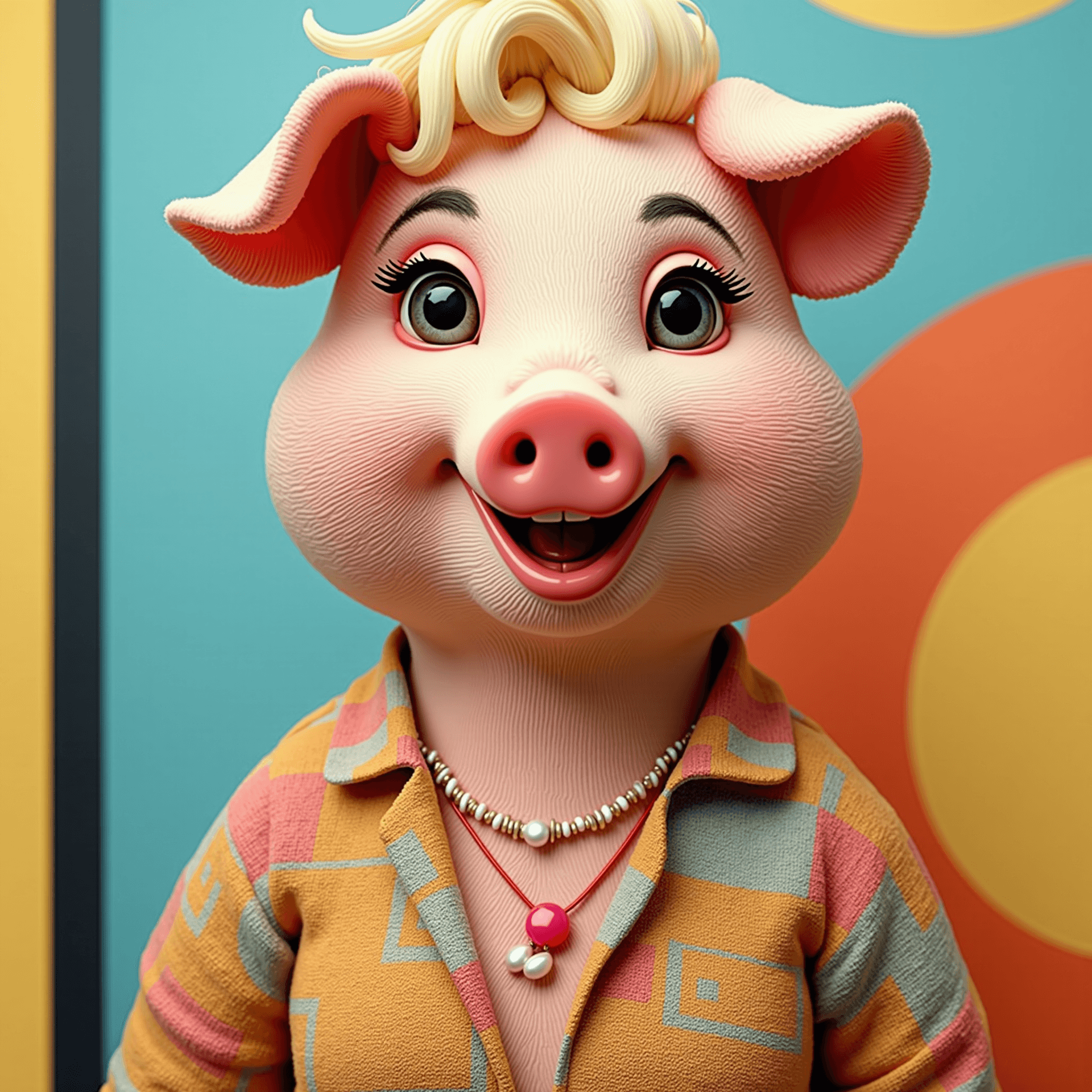AI generated: Ultra-detailed professional portrait of a stylish anthropomorphic pig modeled in 1960s retro It-girl...