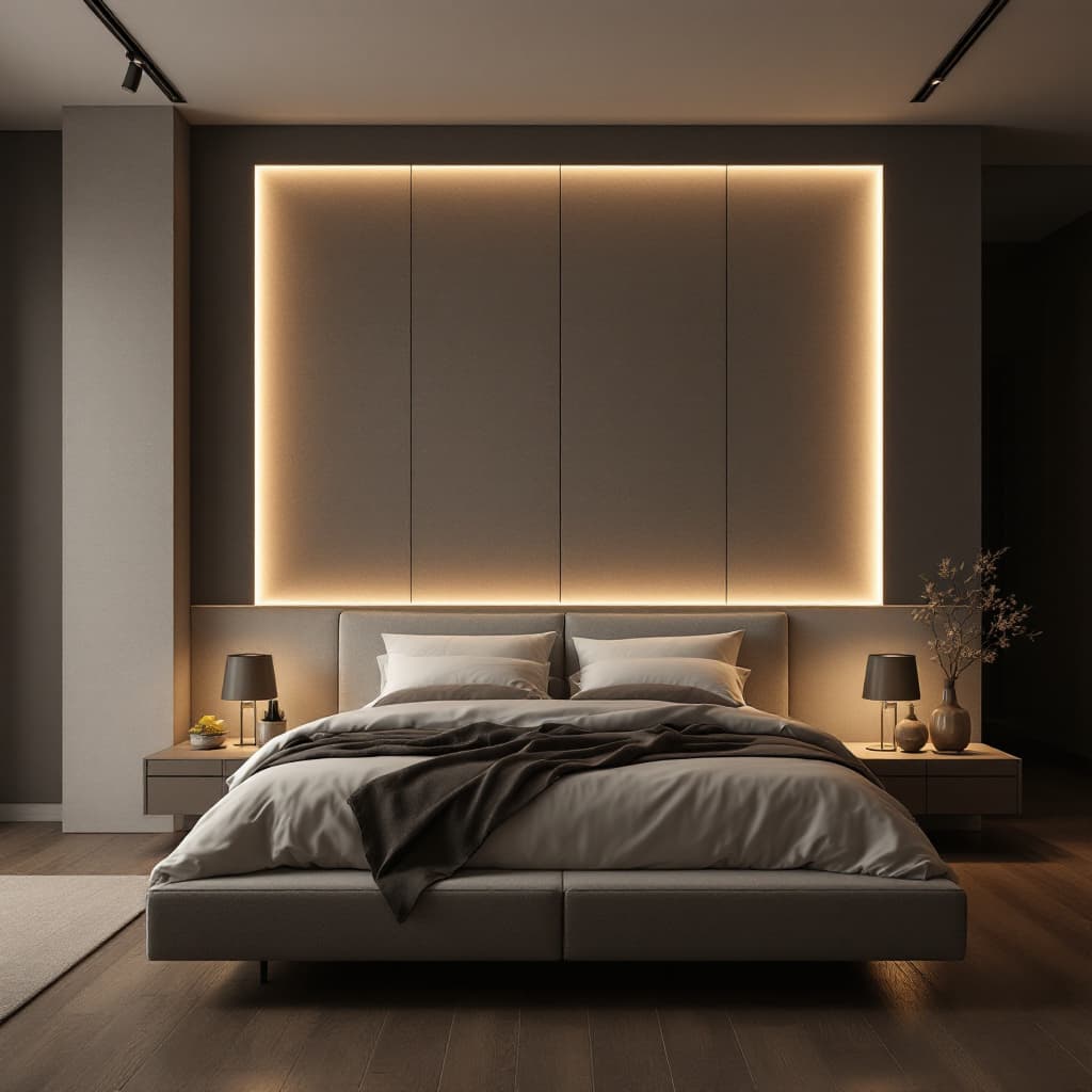 AI generated: tranquil bedroom design that emphasizes minimalism and comfort, clean lines, cosy, featuring a low b...