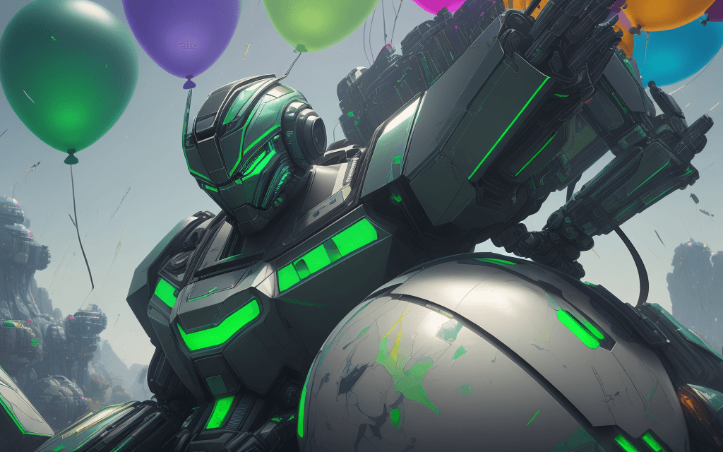 AI generated:  a close up of a poster with a robot sitting on top of a bunch of balloons, inspired by Mike Winkelm...