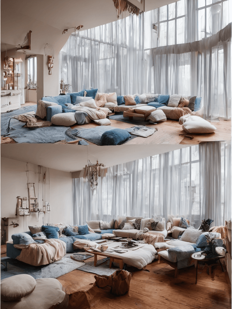 AI generated: high resolution photography interior design, dreamy sunken living room conversation pit, wooden floo...