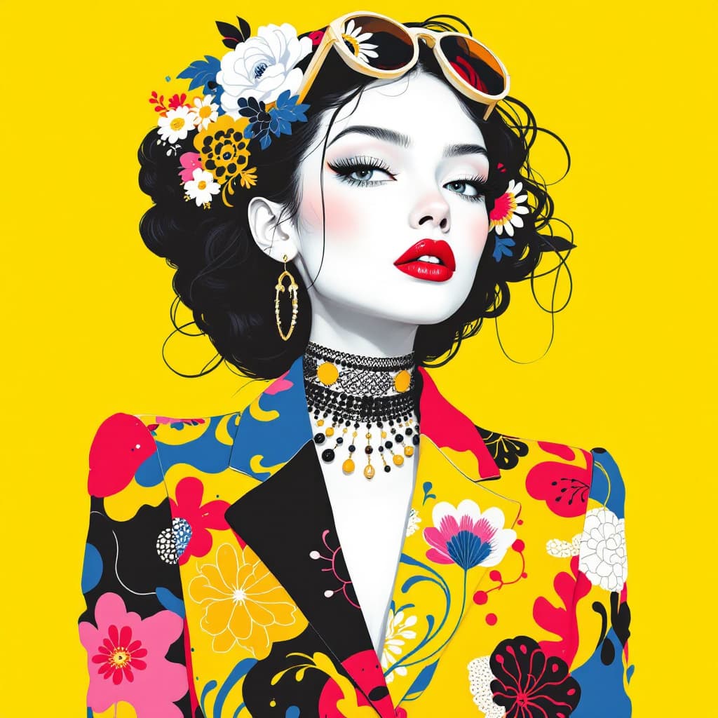 AI generated: a gorgerous girl with delicate features, pale white skin, in a fashion suit and colorful fun intrica...