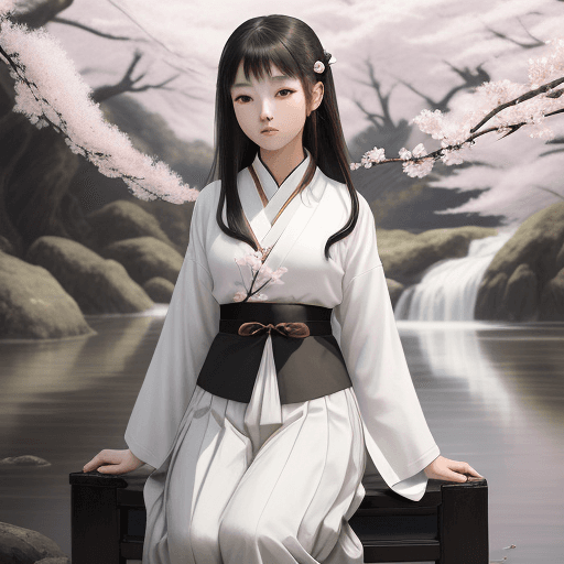 AI generated: a girl in full white outfit holding Japanese tshirt and wearing black skirt, in the style of traditi...
