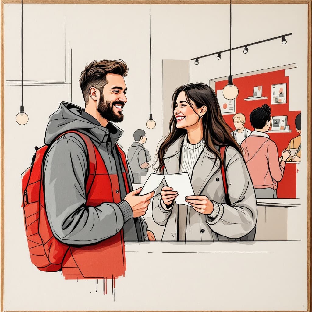 AI generated: In this image, we see a wood panel featuring a drawing of a couple waiting in a line of the bank. Th...