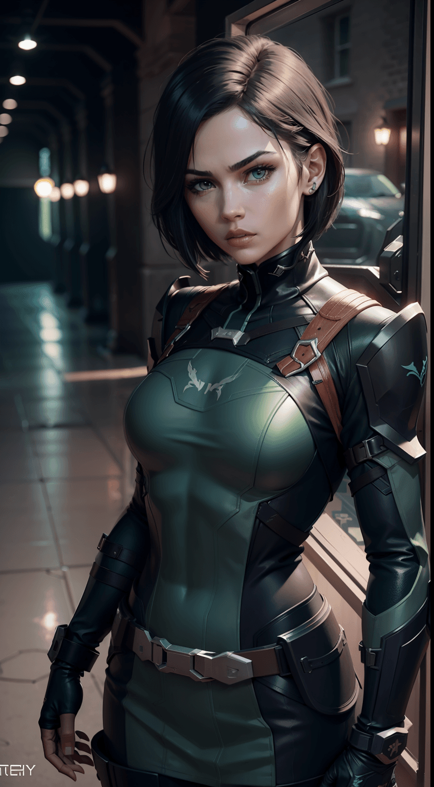 AI generated: viper character from valorant game, lara croft from tomb raiders game, wearing adventural outfit, se...