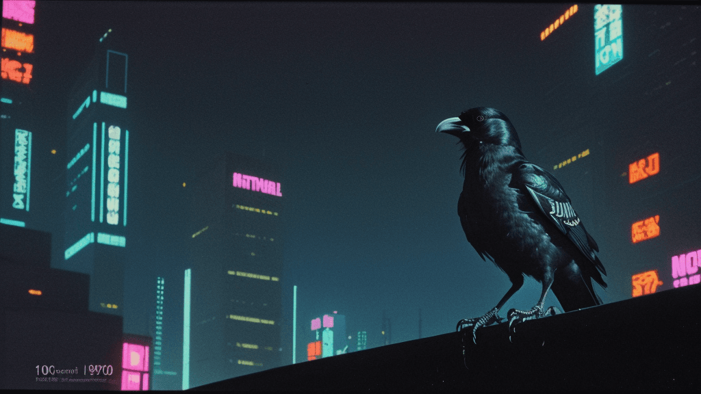 AI generated: photograph of a crow in a 1980s futuristic cyberpunk city, night, natural lighting, gloomy, shot on ...