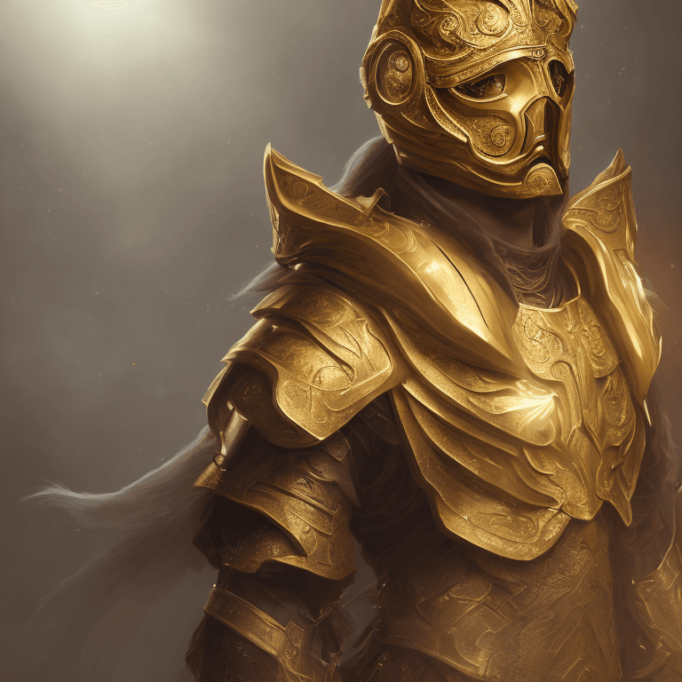 AI generated: Hero with a golden mask, facelees mask, asymmetrical spiked armor, highly detailed, glowing halo abo...