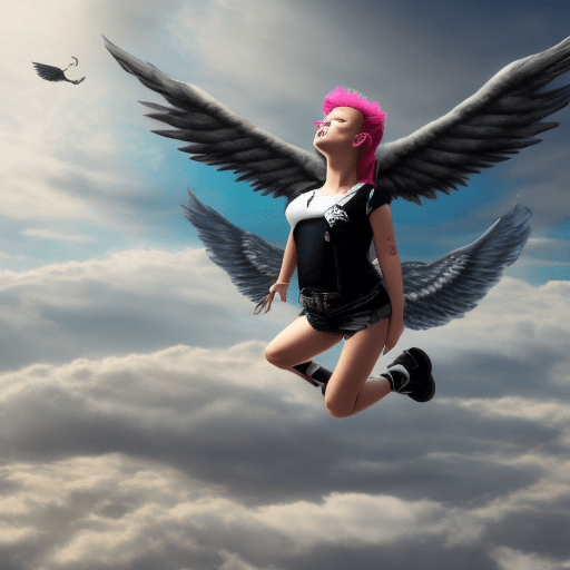 AI generated: punk rock girl floating in the sky with angel wings, 4k, hyper realistic body, chubby