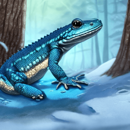 AI generated: blue salamander in sneakers in winter forest, high quality image, 4k, detailed character drawing