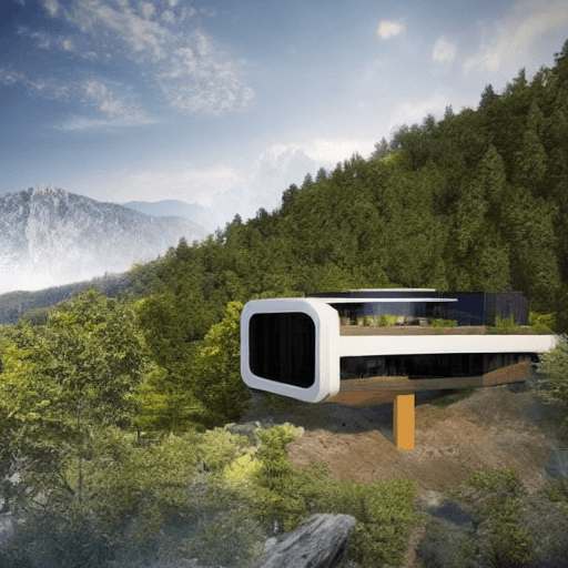 AI generated:  futuristic single-level house overlooking a cliff, with a zoomed mountain-side in the background wi...