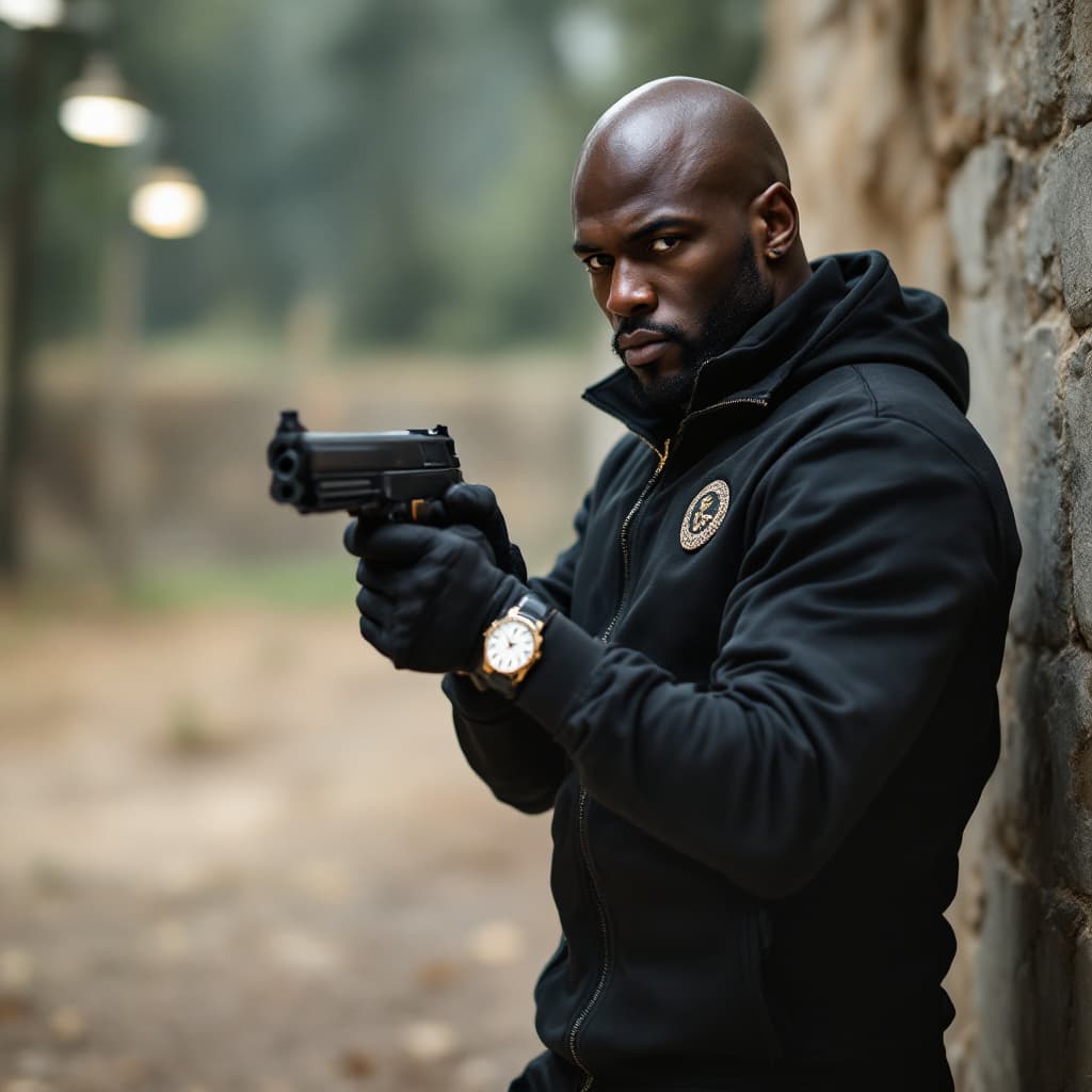 AI generated: black male  with bald head federal agent undercover dressed very well in Gucci designer tracksuit an...