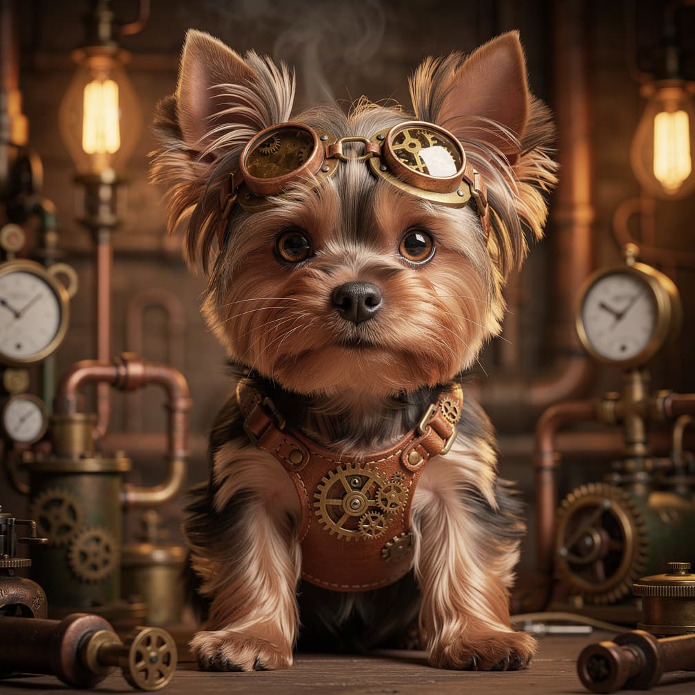 AI generated: A steampunk Yorkie puppy, hyper-realistic, octane render.