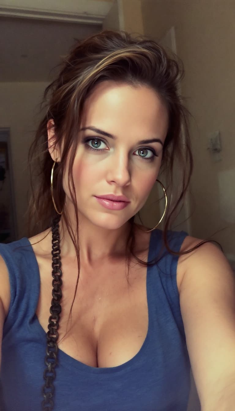 AI generated: Hayley Atwell, Tomb Raider 2013,shot on a iPhone selfie photo, blue tank tshirt 