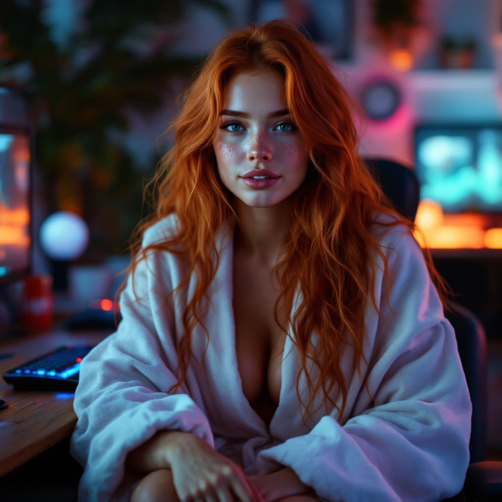 AI generated: A stunning red-haired model with long, wavy ginger hair and porcelain skin, dotted with freckles, is...