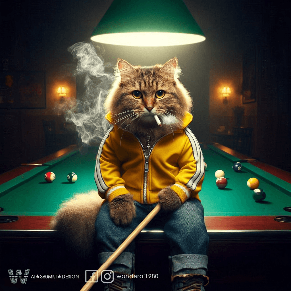 AI generated: Dramatic photo, visual tension, anthropomorphic real cute cat, wearing yellow casual wear, holding a...