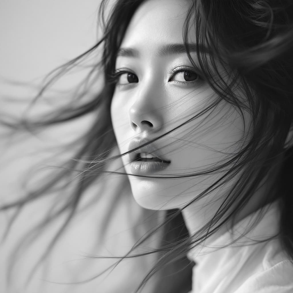AI generated: Beautiful Korean woman with hair blowing in the wind, close-up shot of her face, high fashion photo ...