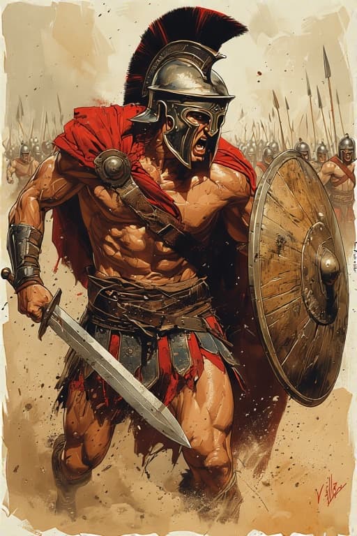 AI generated: Comic book realistic illustration, full body shot of a young gorgeous Spartan conan with thick aesth...