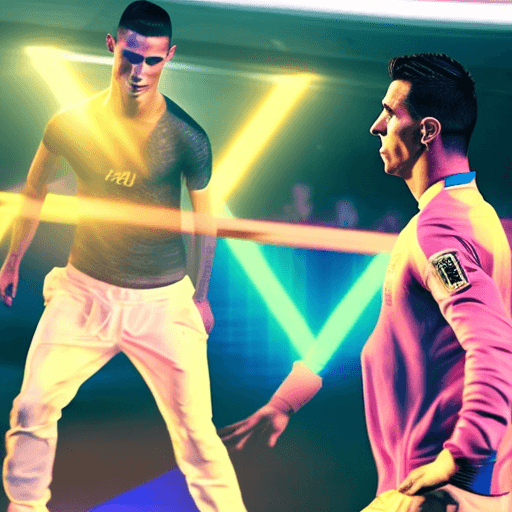AI generated: The scene opens in a stylish, neon-lit club. Cristiano Ronaldo and Lionel Messi take the center of t...