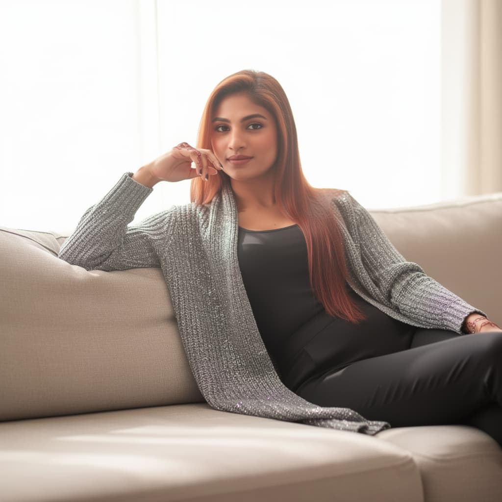 AI generated: A photorealistic gravure-style portrait of a beautiful young Asian woman reclining on a beige sofa. ...