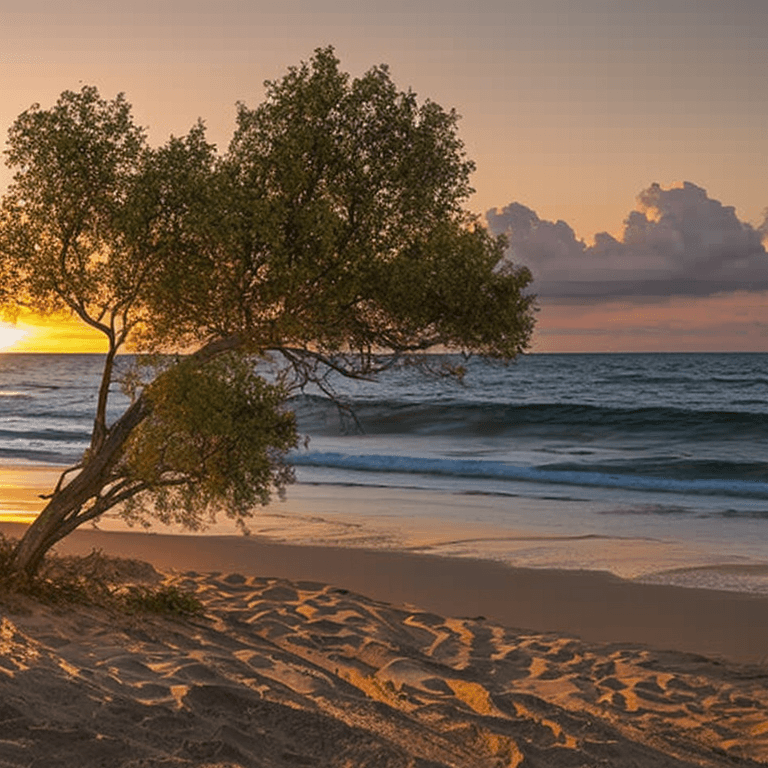 AI generated: oil on canvas, small clouds, 
smooth beach, willow tree, small rocks, 
beautiful setting, early even...