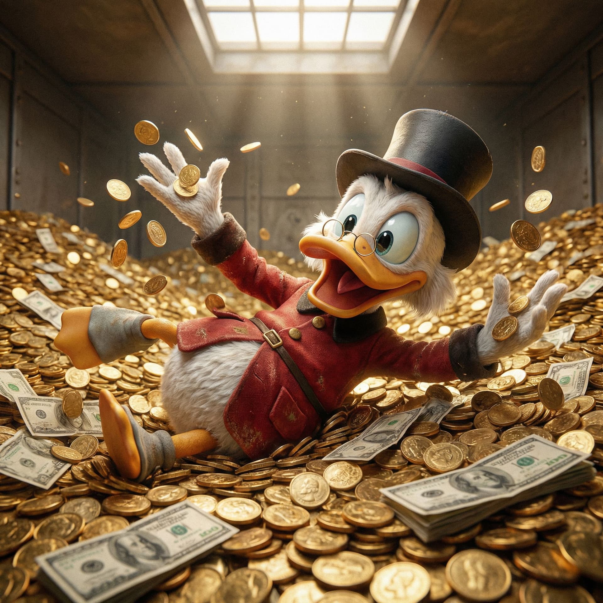 AI generated: Crie uma imagem ultra realista tio patinhas com dinheiro 