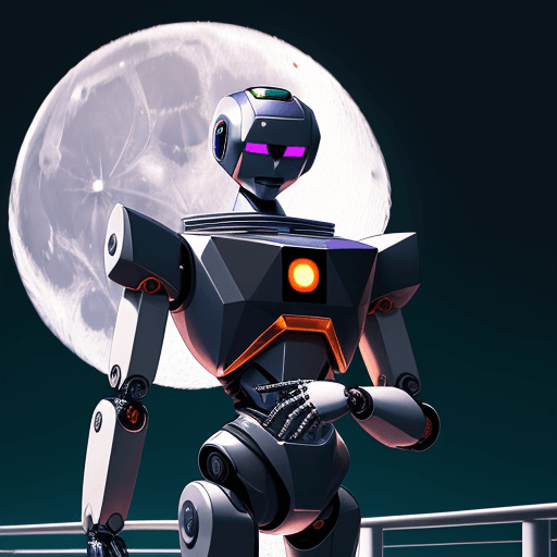 AI generated: make an image, background colorful, has a handsome forex robot uses his finger arming to the moon