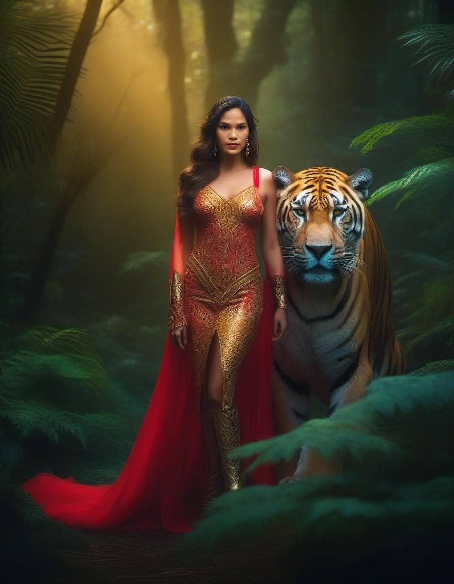 AI generated: A captivating and enchanting scene of a stunning woman standing alongside a large, regal panther in ...