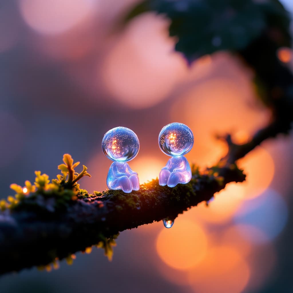AI generated: A **high-quality HDR conceptual macro photograph** of a **tree branch**, featuring two **transparent...
