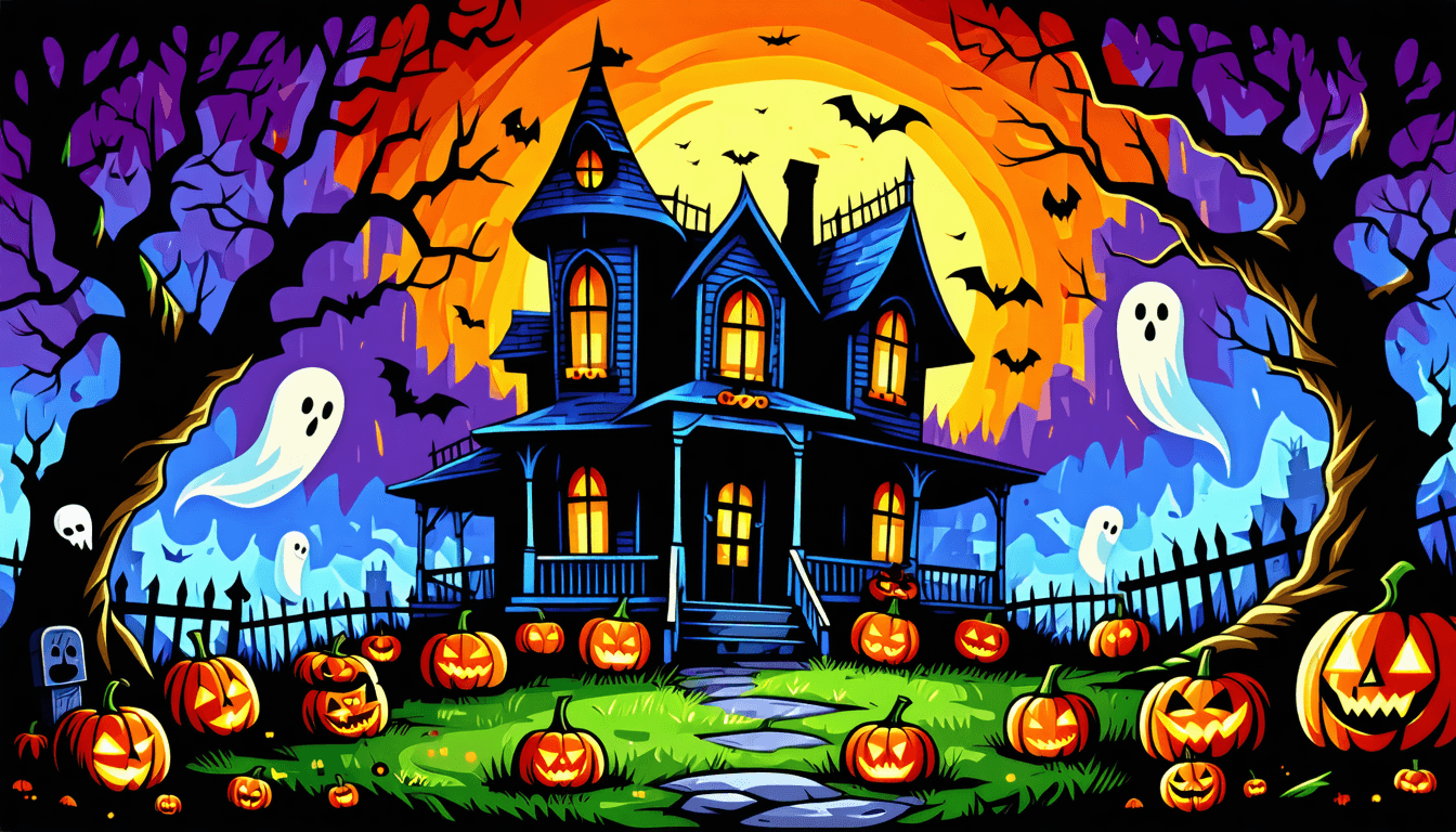 AI generated: The Grim Reaper high in the sky looking down over haunted house with ghosts floating around pumpkin ...