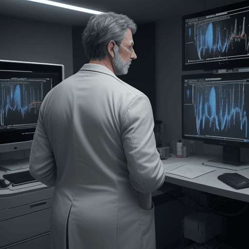 AI generated: Back photo of a ultra realistic doctor looking at a medical computer with medical curves and data on...